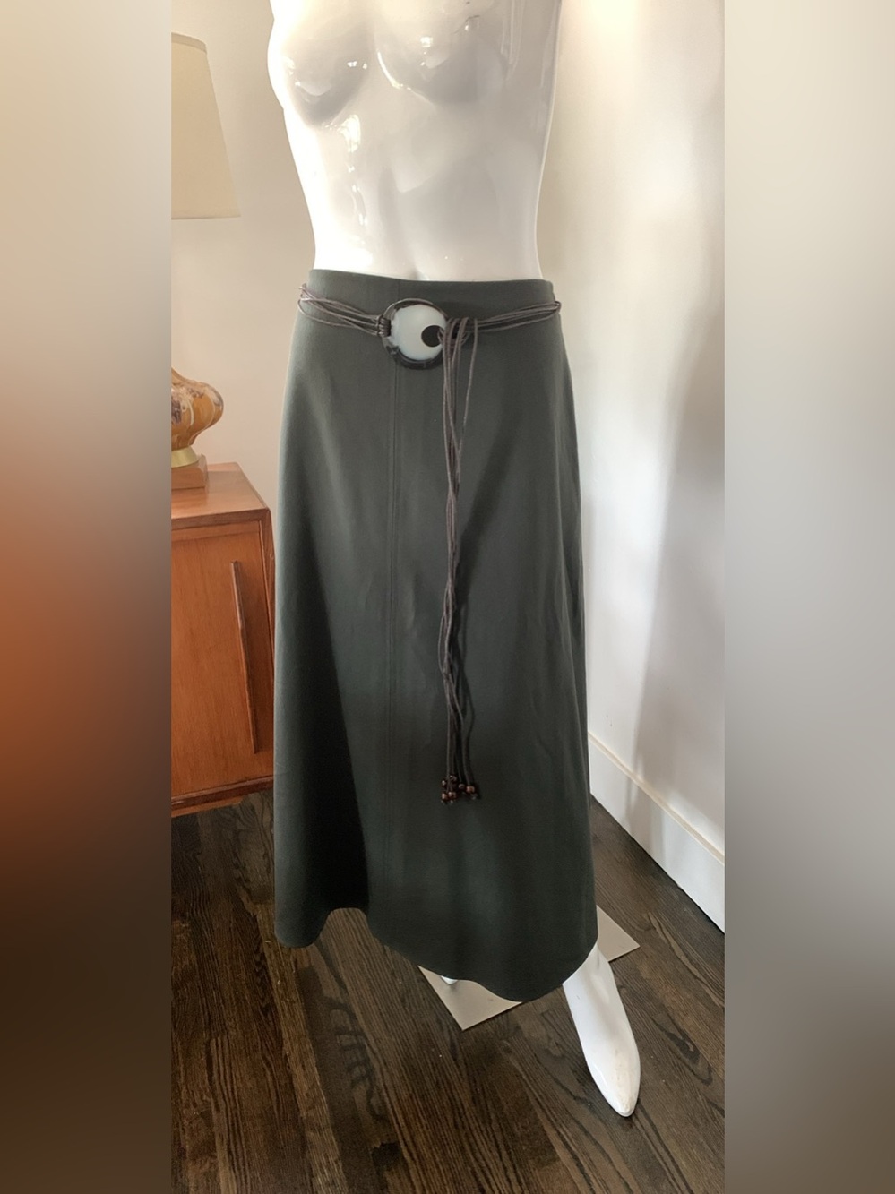 cleo Olive Green Midi A-Line Skirt with Decorative Tie
